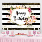 Schwarz und weiß Streifen Und Blumen Geburtstag Hintergrund